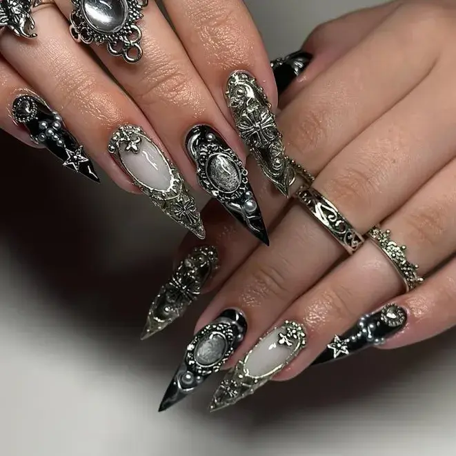 Gothic Baroque Metal Press On Nails, Black & Silver Luxury Nail Art, 3D Gothic Cross Stiletto Nails, Statement Nail Design, Chrome nails