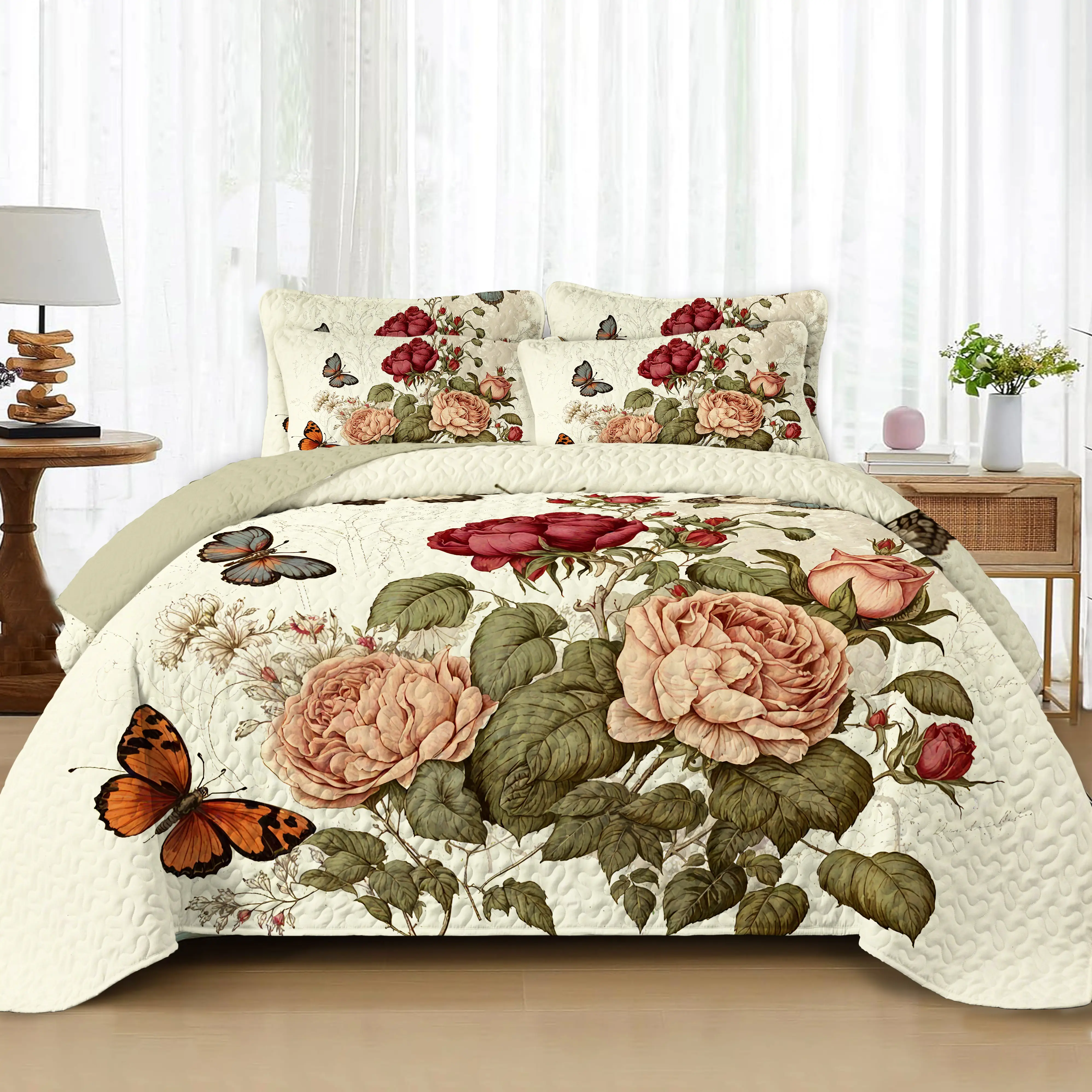 Peony Butterfly Lightweight Quilted Summer Quilt All‑Season Soft & Skin‑Friendly Country Farmhouse‑Style Printed Bedding Set