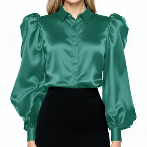 Women's Satin Puff Long Sleeve Blouse Button Down Shirt Casual Party Work Wear Ladies Elegant Blouse Soft Shiny Comfortable Regular Fit Basic Top