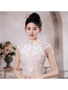 Elegant Vintage Pearl Fringe Shawl, Handmade Beaded Embroidered Wrap, Breathable Party Evening Wedding Cape, 1 Piece Set