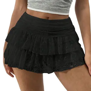 Women's Summer Lace Flower Skirt High Waist Layered Ruffle Flower Skirt Mini A-line Skirt Street WearRAIMENTRY