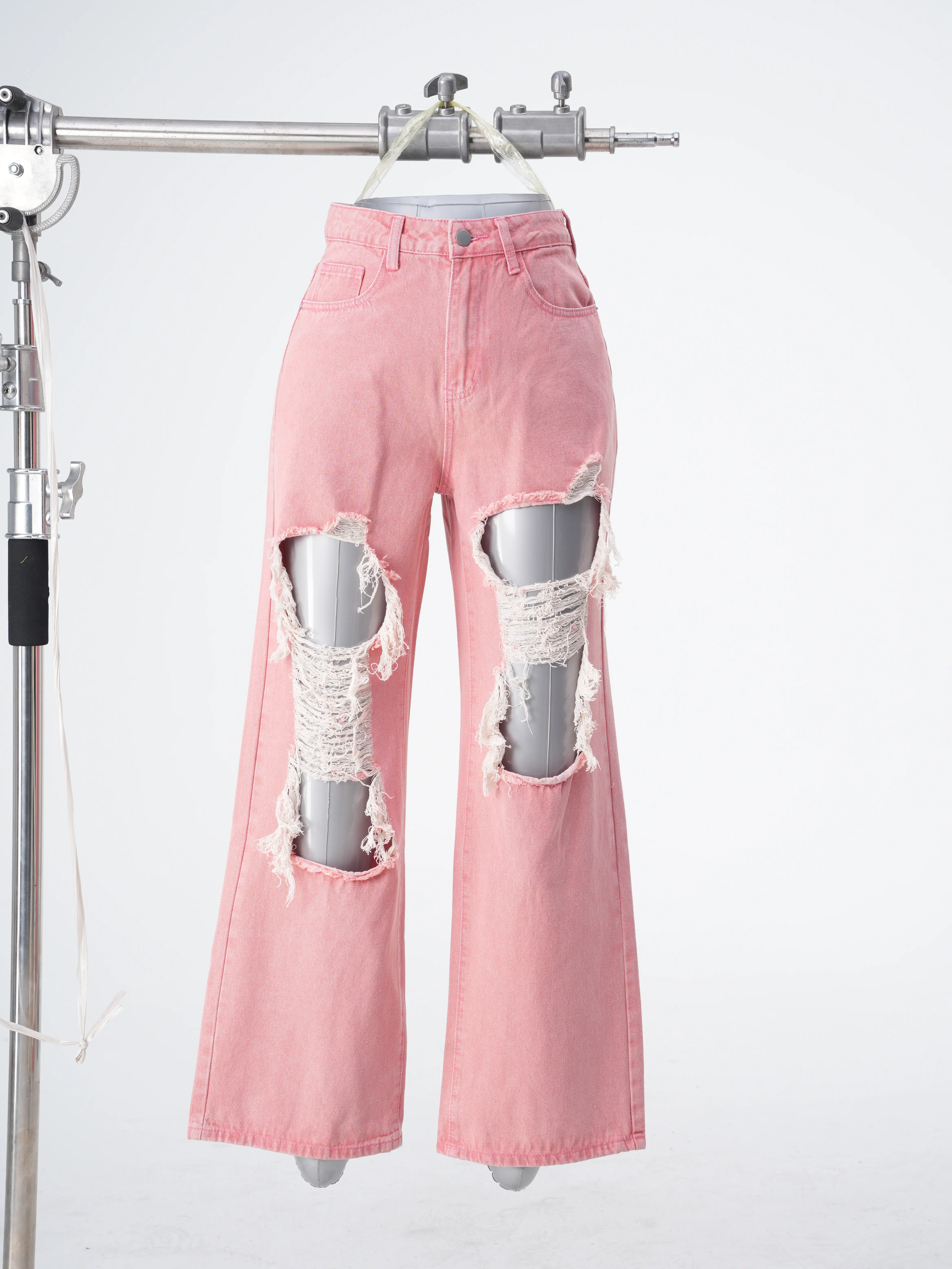 Pastel Light Pink Vintage Wash Dual Knee Vertical Multi Shredded Distressed Ripped Raw Fray Tangled Exposed Thread High Waist Single Button Flare Floor Length Denim Pants Unisex Soft Denim Y2K Coquette Girly Summer Street Casual Bottoms