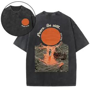 "Peace, Be Still Mark 4:39" Washed Black Oversized T-Shirt - Christian Faith Tee Vintage Washed "Peace Be Still" Jesus Walking on Water Graphic Tee - Faith-Based Streetwear Black Washed "Mark 4:39 Peace Be Still" Cotton T-Shirt - Religious Casual Top