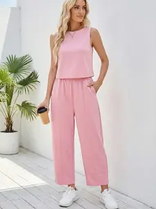 Women's Casual Summer Travel Vacation Set, Sleeveless Camisole Top, Wide Leg High-Waisted Pants, Beachwear, Airport Wear, Outfit, Womenswear