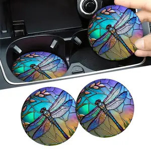 2pcs Dragonfly Car Coasters, Colored Dragonfly Car Non-slip Drink Cup Mat, Car Interior Accessories Mat for Women Men, Car Interior Decoration