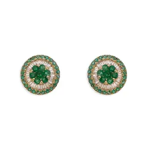 Emerald & Diamond Cluster Stud Earrings – 18k Yellow Gold