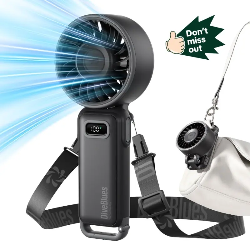 DiveBlues D6036 Handheld Rechargeable Cooling Fan 5-in-1 Foldable Turbo, 100-Gear Adjustable Speed, 15-Hour Battery, Ultra-Compact Powerful Modern Multi-Speed Portable Fan for Summer Travel, Indoor Office Desk, Modern Portable Fans