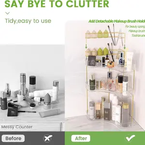 Makeup Organizer for Vanity, 3-Tier Corner Bathroom Organizer Countertop with Makeup Brush Holder