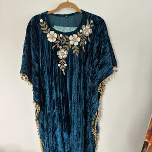 Velvet Kaftan with Embroidered Flowers and Beaded Trim in Rich Teal Blue for Elegant Occasions