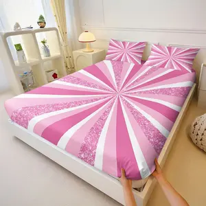 3PcsGlitter Pink Radial Burst Printed Fitted Sheet Set, Sparkly Pink & White Striped Bedding Set, Dynamic Shades of Pink Spokes Design, Perfect for Celebratory Bedroom Decor,Includes 2 Pillowcases, No Pillow Core