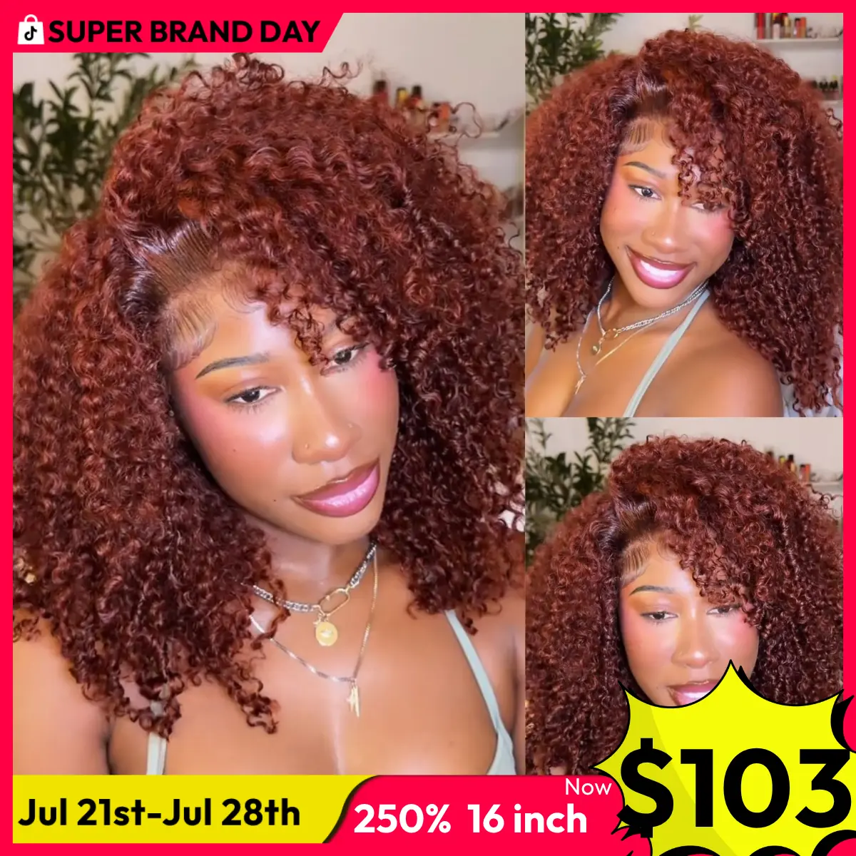 UNice 250% Density Reddish Brown Fluffy Afro Kinky Curly with Layered Finger Coil Ends Glueless 7x5 HD Lace Closure Human Hair Wigs No Slip Beginner-Friendly Natural Looking Summer Wig Super Brand Day