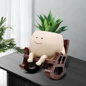 Smiley Face Succulent Planter Pot - Cute Cartoon Rocking Chair Design with Drain Hole, Small Indoor Decorative Resin Flower Pot for Desk, Home & Office Plant Decor