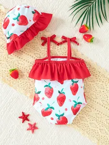 2-Pack Summer Cute Strawberry Ruffle One-Piece Printed Swimsuit with Hat, Soft Quick-Dry Beachwear for Girls and Toddlers, Above Knee Length