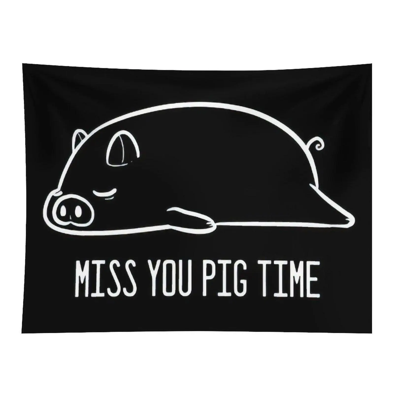 Simple Line Art Sleeping Pig Miss You Pig Time Pun Funny Black Background Wall Tapestry