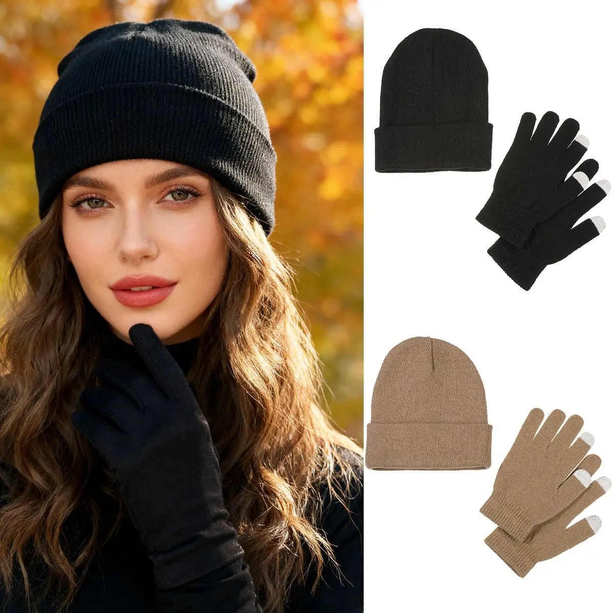 AWAYTR Winter Hat and Gloves Set for Women Men Warm Beanies Touchscreen Knit Gloves Outdoor Warm Hat & Gloves Solid Color Set