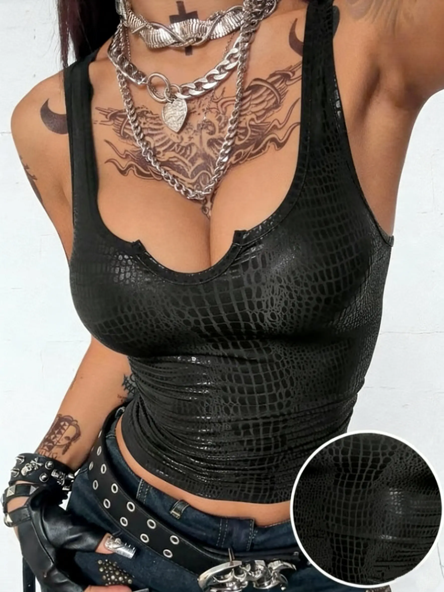 QD1118035 Black Crocodile Print Slim Fit Vest, Tight Short Strap Cool Street Style
