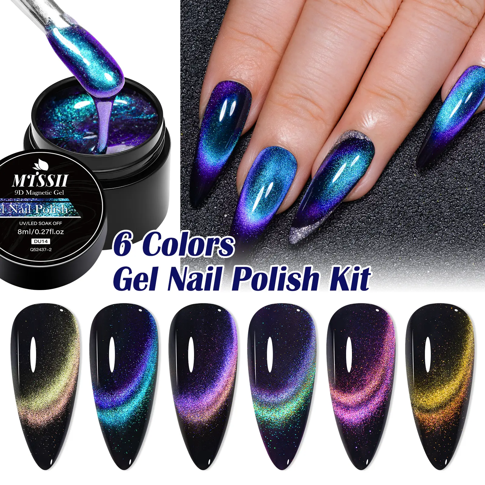MTSSII 7pcs Magnetic Gel Nail Polish Set, UV Gel Set 6 Colors Gel Polishes 9D Rainbow Snowlight Cat Eye Gel Polsih with Magnetic Stick, Galaxy Starry Sky Effect Crazy Nail Art Gel Varnish Nail Products for Manicure