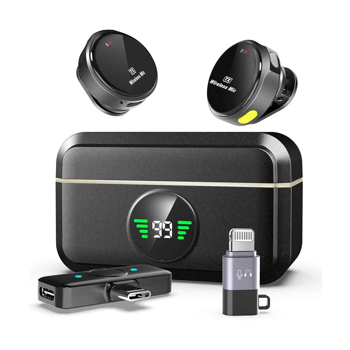 Portable Wearable Lapel Microphone with USB Charging Case, Clip-On Wireless Device with Noise Cancellation, Receiver for iPhone, iPad, Android Smartphones Recording, Vlogging Equipment