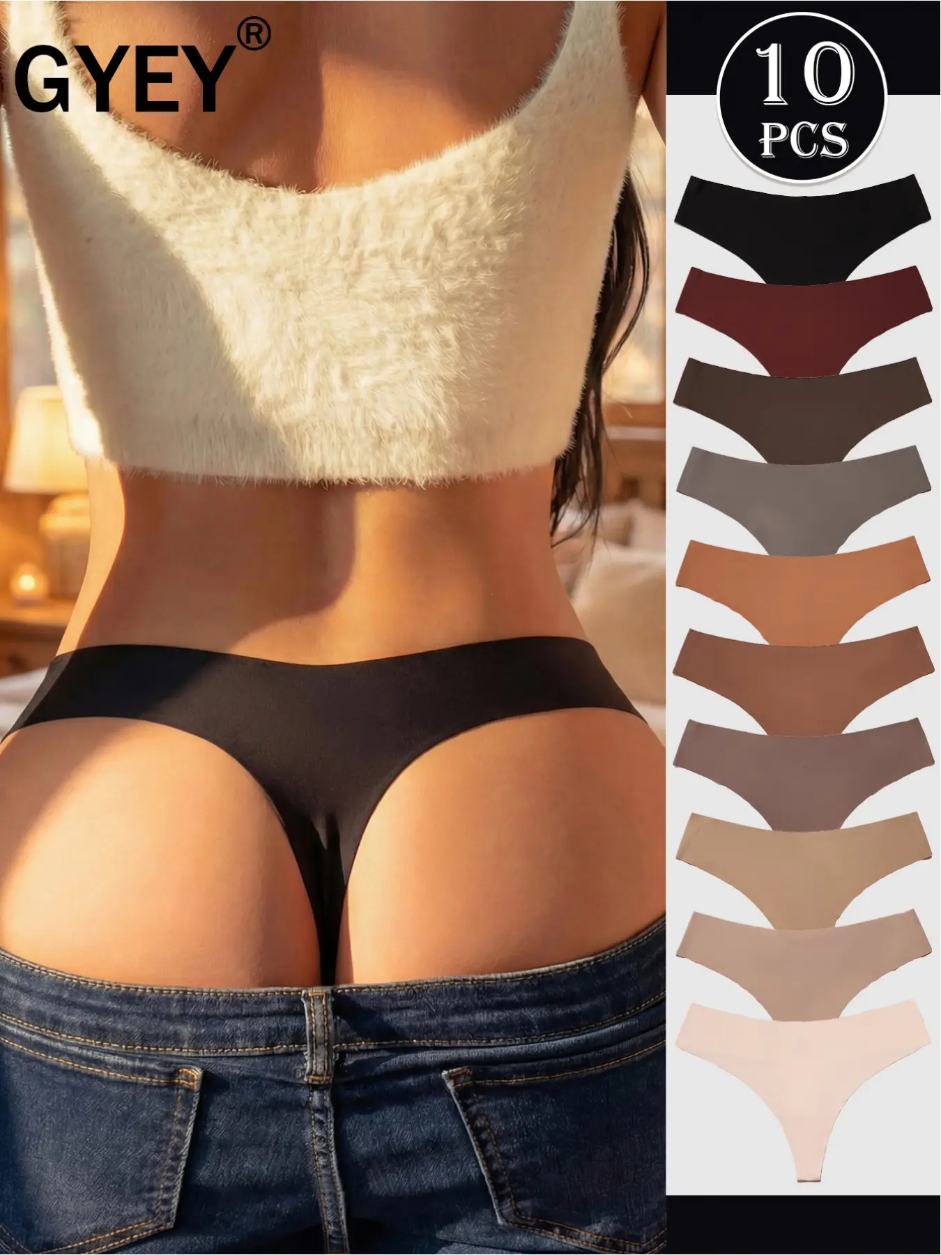 10 Pcs Seamless Thong Underwear for Women Maillard Brown Purple Soft Nylon Blend Low Rise Elastic Comfort Opaque Lingerie