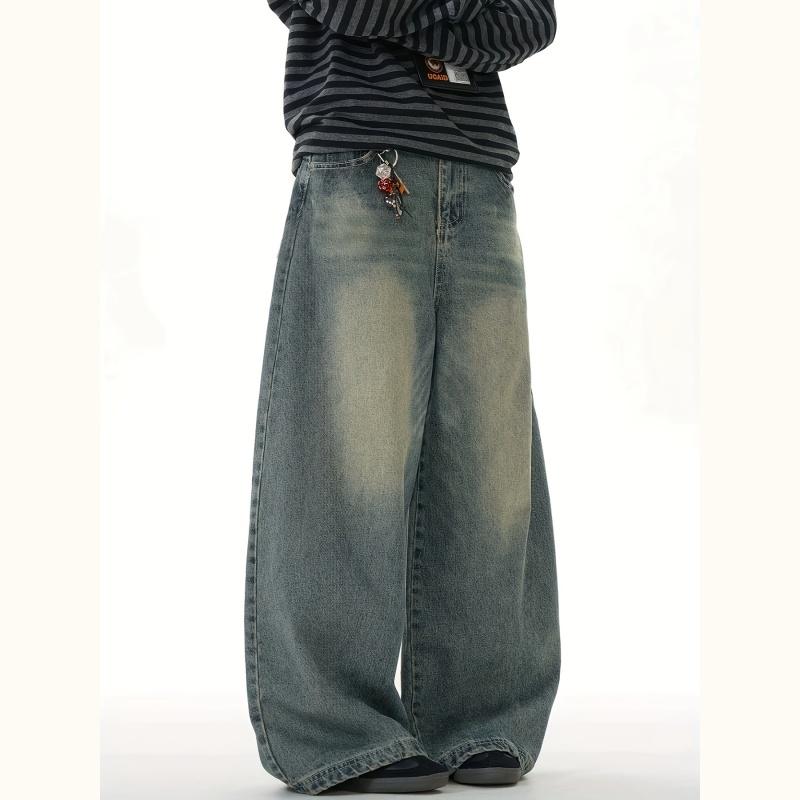 Clean Gent Vintage Washed Jeans Men's Loose Fit Wide Leg Denim Pants American Street Style Casual Trendy All Season Apparel