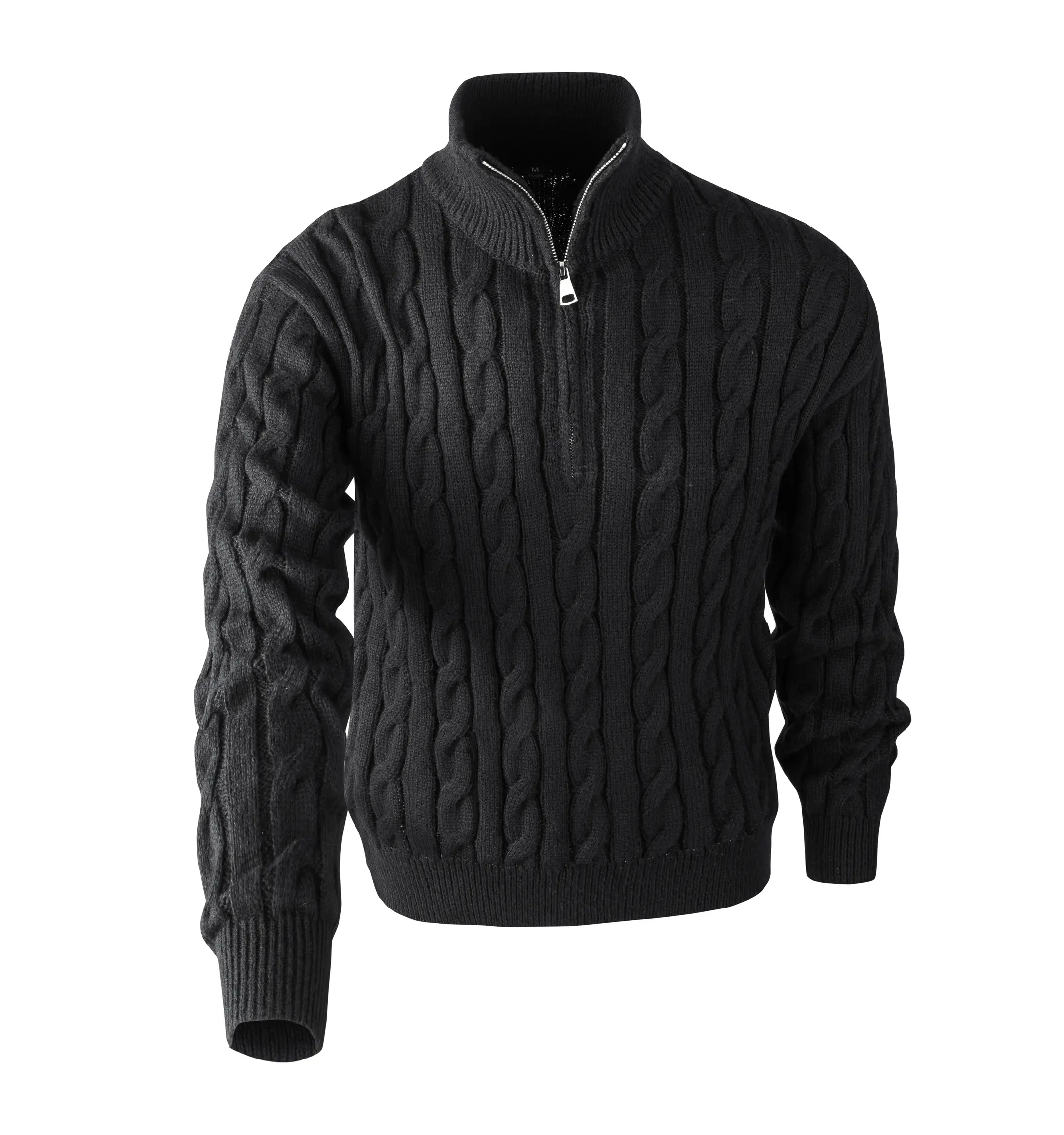 Oversized Half Zip Cable Knit Sweater, Mock Neck Long Sleeve Pullover, Vintage Loose Fit Chunky Knit Jumper For Men Women