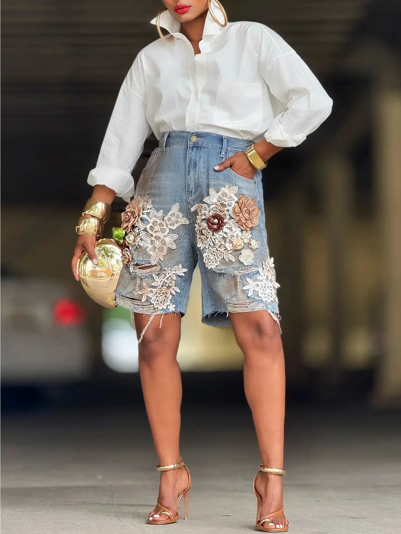 Women's Designer High-Waisted Lace Floral Ripped Denim Jorts - Fitted Casual Bottoms with 3D Flowers, Floral Print, Edgy Ripped Look, Button Accents, Above-The-Knee Summer Womenswear, Valentines Day
