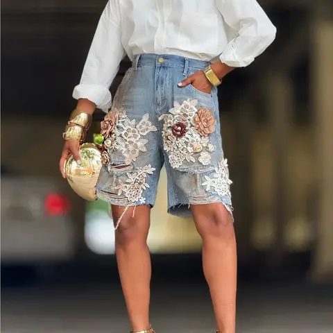 Women's Designer High-Waisted Fitted Ripped Frayed Lace Denim Jorts - 3D Flower Embellishments, 3D Lace Detail, Button Details, Chic Casual Style, Streetwear, Above-The-Knee Summer Bottoms