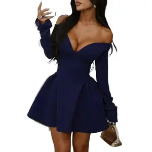 ZQ- Chic Lady Style Off Shoulder Long Sleeve Dress, Elegant Slim Fit A-line Party Dress