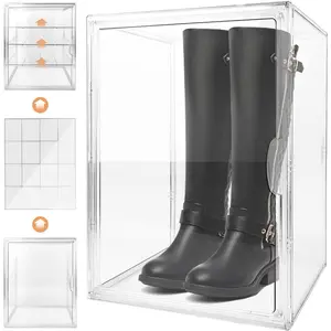 Shoe Boxes Large Clear Stackable Boot Boxes with Magnetic Door Storage for Sneaker Boot Container with an Adjustable Divider, Big Display Storage Box with Lids (1 Pack) Organiser
