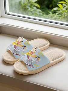 Women's Vintage Letter Print Linen Slippers, Breathable Sweat-Wicking Fast-Heat Dissipation, Soft Eva Sole Anti-Slip Silent Home Use All Seasons