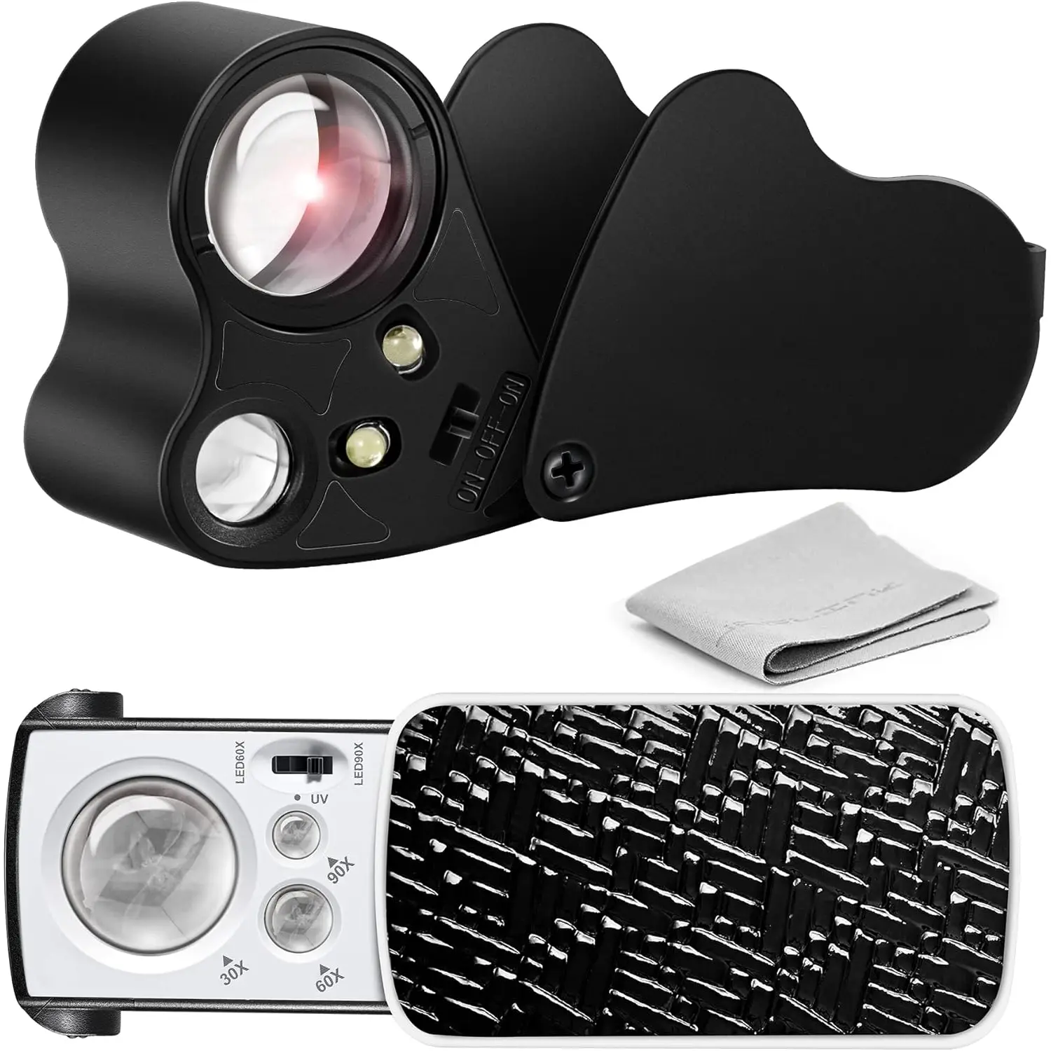 2-Pack Handheld Jewelers Loupe - 30X 60X 90X 60x12 mm Illuminated Glass Eye Magnifier with Bright LED Lights, UV Black Light, Compact Design, Cloth Bag for Jewelry, Watches (Black)