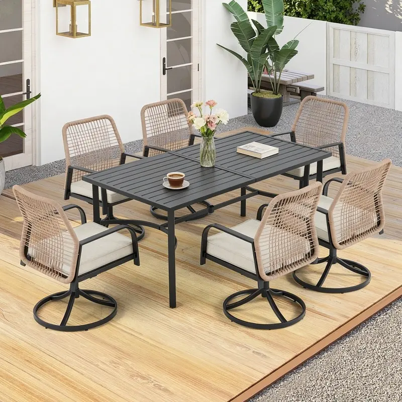 5/7-Piece Outdoor Patio Dining Set, All-Weather Wicker Swivel Chairs with Cushions & Metal Table with Umbrella Hole, Outdoor Furniture Set for Garden, Deck, or Backyard