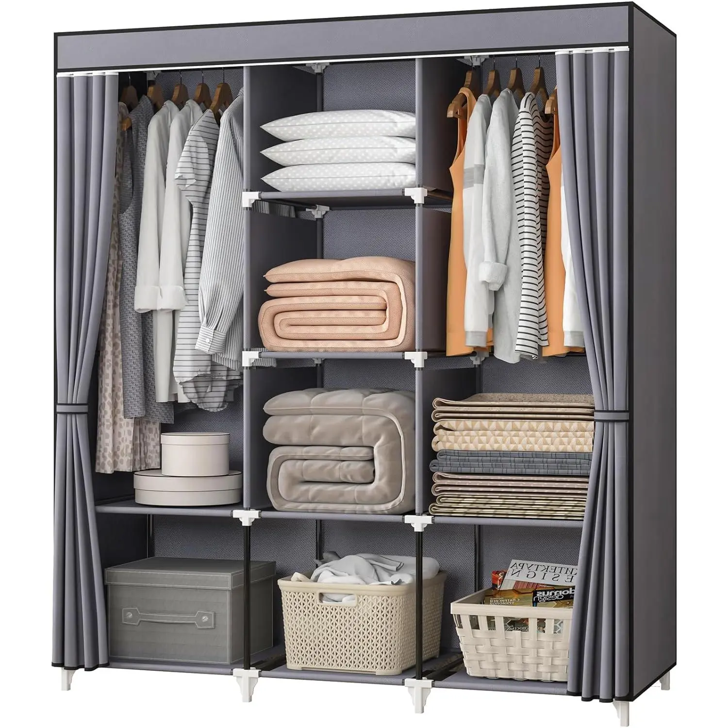Modern Waterproof Synthetic Portable Wardrobe Closet with Non-Woven Fabric Zipper Cover, 51 x 17.7 x 66 In, 2 Hanging Rods, 8 Storage Shelves, Durable, Assembly Required, Grey for Bedroom Use, 51 X 17.7 X 66 Inches