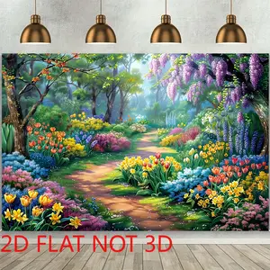 2d Flat, Vertical Forest Tapestry Wall Hanging with Bright Flower Path Design - Suitable for Bedroom, Living Room, Office Decor, /outdoor Door Flag for Porch, Easter & Spring Decoration, Skin Fabric Vertical Wall Hanging for Modern, 2d Flat