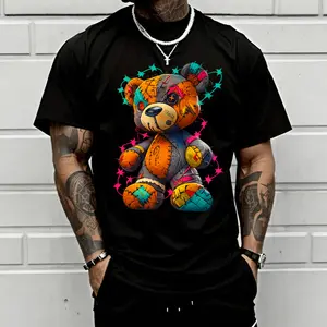 Men’s Loose Street Style T-Shirt - Colorful Patchwork Teddy Bear Graffiti,  Urban Y2K Street Casual Short Sleeve,  Perfect for Retro Parties & Street Snaps, an Essential for Campus & Streetwear.