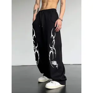 Casual Black Big Brother Special Knitted Sports Pants – Men’s loose drawstring pants with flame rose print, Y2K streetwear style GARMENTARY