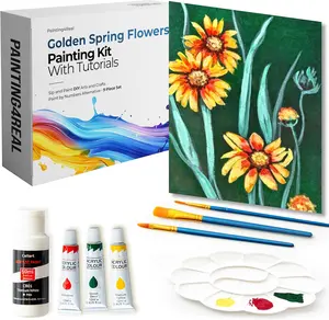 DIY Spring Flowers Acrylic Painting Kit with Video Tutorials - 9pc Art Set for Adults and Beginners