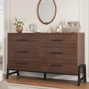 Brown 6 Dresser for Bedroom, 52 in Wide Drawer with Large Storage Space, Freestanding Wooden Closet Storage Dresser Chest for Living Room, Bedroom, Entryway