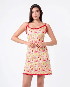 Dress Cairo Cotton Women's Wear with Watermelon Print & Red Drawstring Detailing Adjustable Casual Fashion Outfit