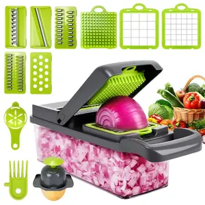 14 in 1 Manual Vegetable Slicer with Container Multi Function Food Chopper Cutter for Onion Carrot Cucumber Safe Food Grade Transparent System Home Kitchen Ramadan Celebration Essential Fruit Vegetable Slicer