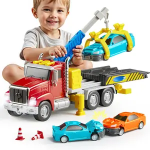 Kids Tow Truck Toys for 3 4 5 6 7 Years Old Boys, Toddler Car Toys, Large Truck with 2 Transformation Cars and Trailer, Crane with Lights and Sounds, Birthday Gifts