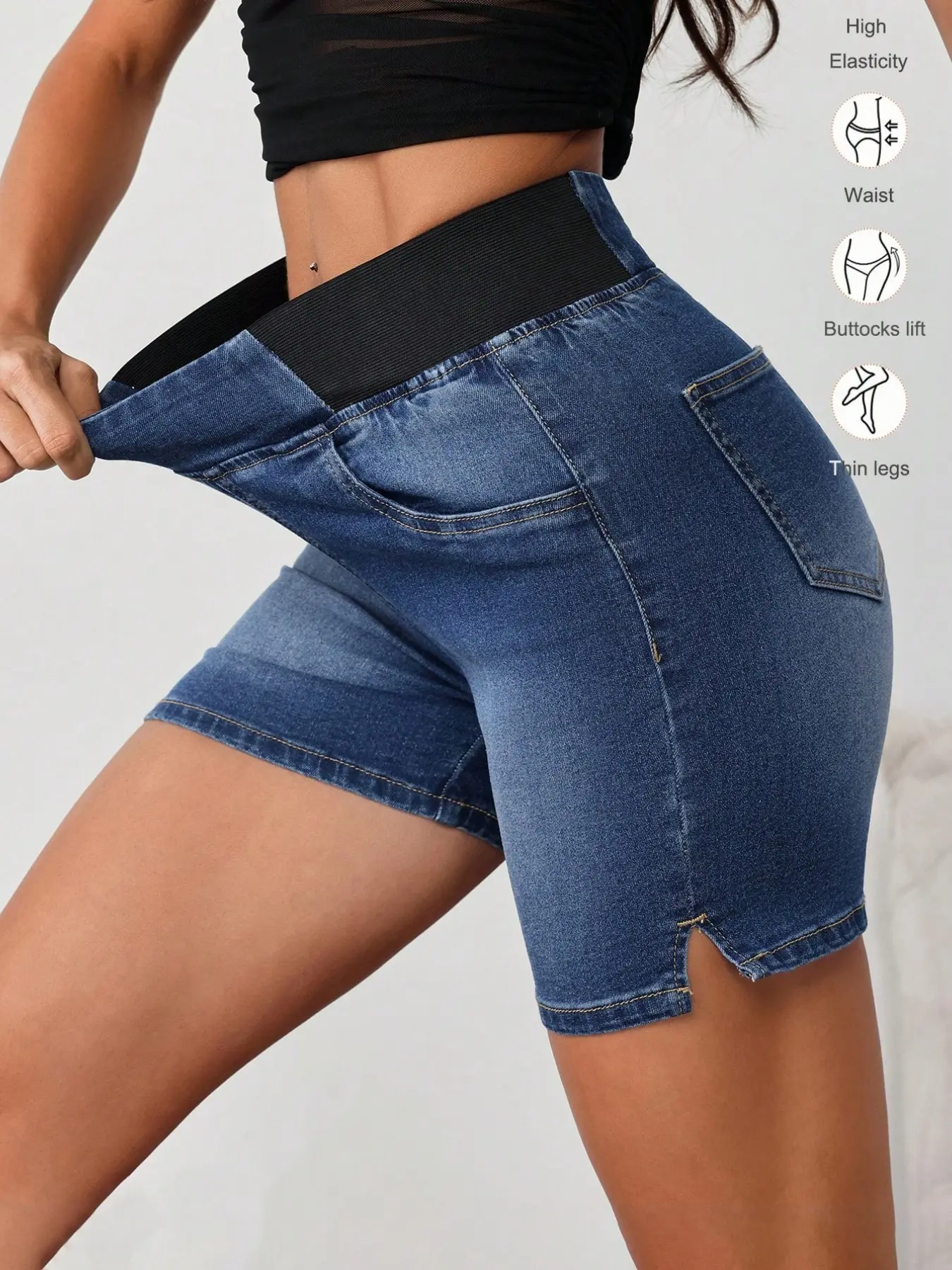 SummerVibes, Womenswear, Women's Denim Shorts High Elastic Waist Fit with Pockets, Casual Comfortable Fashion, Perfect for Summer Wear, Plain O-Type Design
