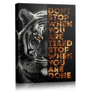 Tiger Motivational Canvas Wall Art Don't Stop When You Are Tired Stop When You Are Done Quote Poster, Inspirational Black and Gold Animal Print for Home Gym Decor
