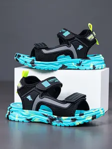 Open Toe Sandals Velcro Lightweight Breathable Shoes for Summer, Casual Geometric Pattern Low Top Rubber Sole