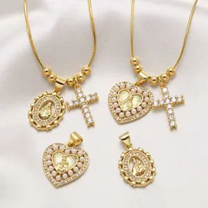 [FLAME] Heart Shaped Virgin Mary Necklace for Women, 18K Gold Plated Our Lady of Guadalupe Pendant with Pearl & CZ Cross, Catholic Religious Jewelry, Christian Gift