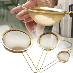 3 Pieces Stainless Steel Sieve Strainers, Super Wire Extra Fine Mesh Strainer with Handle, Small Medium Large Size Sifter Metal, for Kitchen Rice Juice Quinoa Food Flour Baking, 3.15" & 5.5" & 7.87" Utensils Set Gold