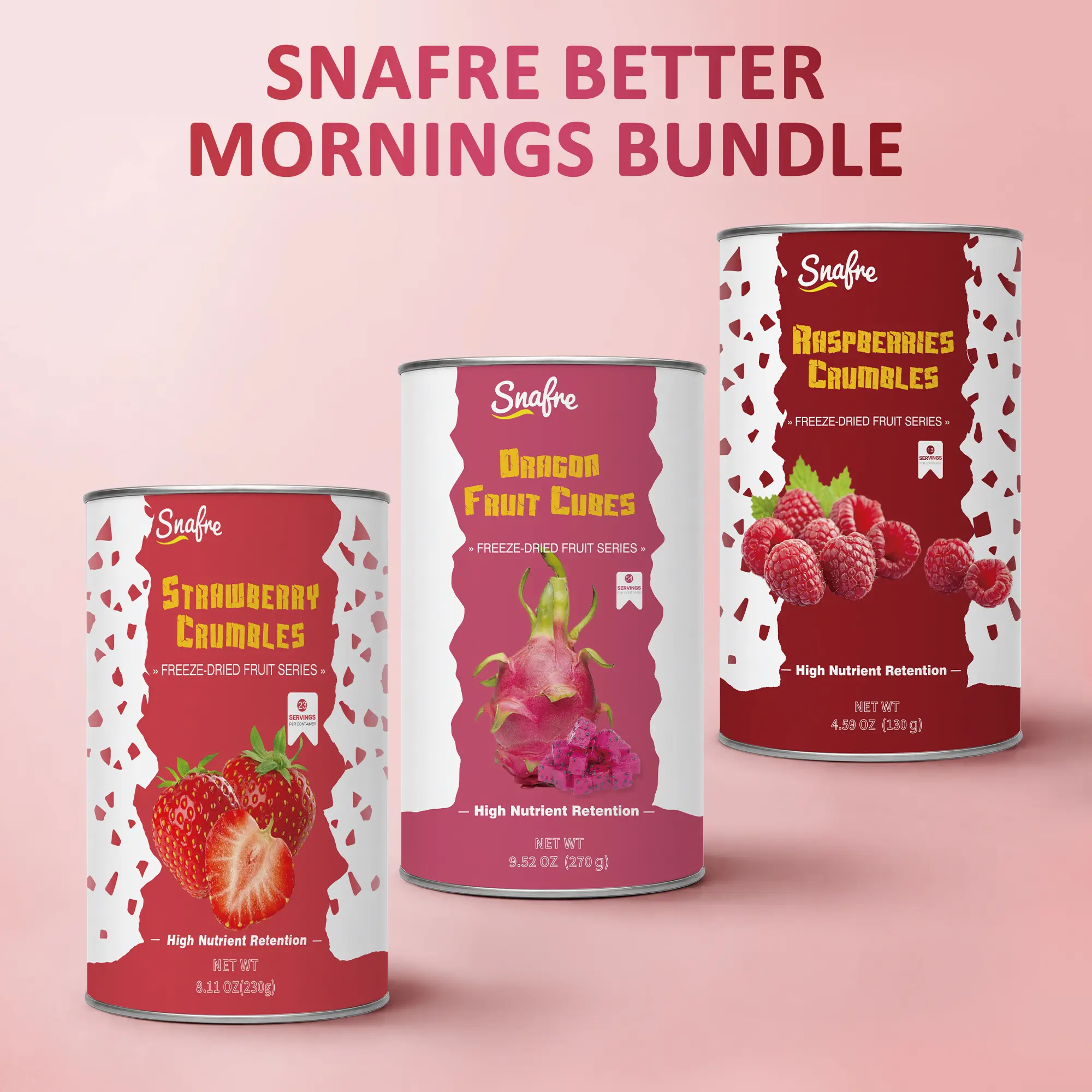 SNAFRE Better Mornings Bundle 3 Pack - Freeze Dried Strawberry Raspberry & Dragon Fruit Toppings No Sugar Added for Yogurt Bowls & Oats