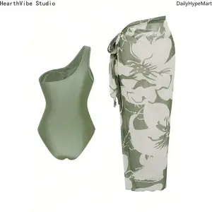 2026 Women's One Shoulder Mesh Swimsuit with Skirt, Boho Vintage One Piece Swimwear