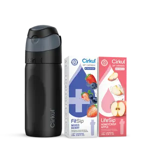 Cirkul® 16oz. Onyx (Black) All-Day StrawSip™ Flip Bottle & Sip® Cartridges Starter Set: Mixed Berry (FitSip®) & Honeycrisp Apple (LifeSip®)