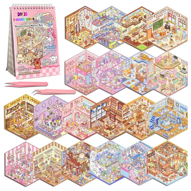 20 Sets DIY 3D Sticker Scene, Sticker Therapy Scenes Collection Book for Adults Stress Relief Pass The Time, Make Your Own House Miniature Cute Cartoon Animal Isometric Scene Funny Stickers